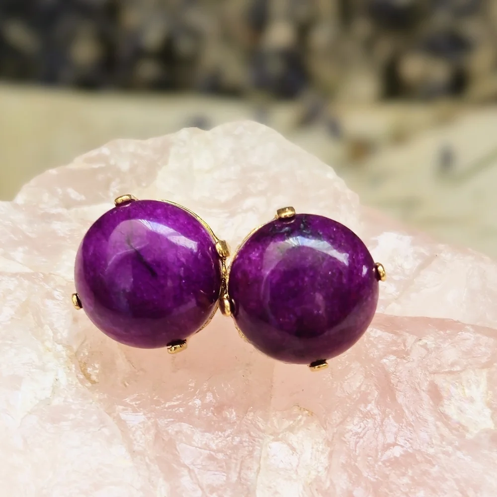Purple Jade Stud Earrings In 18K Gold Plated